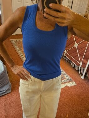 Blue Ribbed Scoop Neck Tank Top - Women's